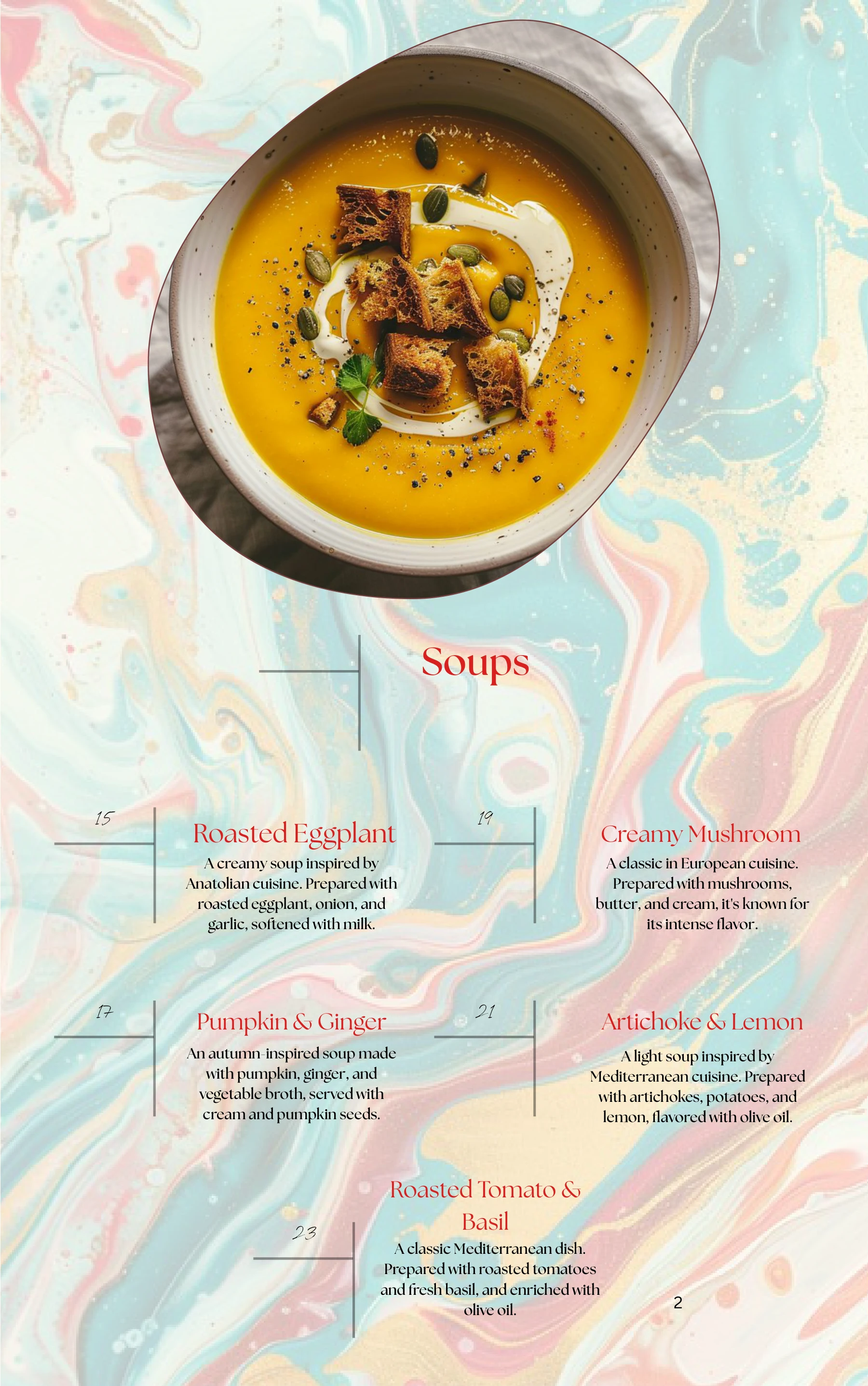 TABLE FOR TWO contents page 2: Soups, original marbled page listing recipes with page numbers